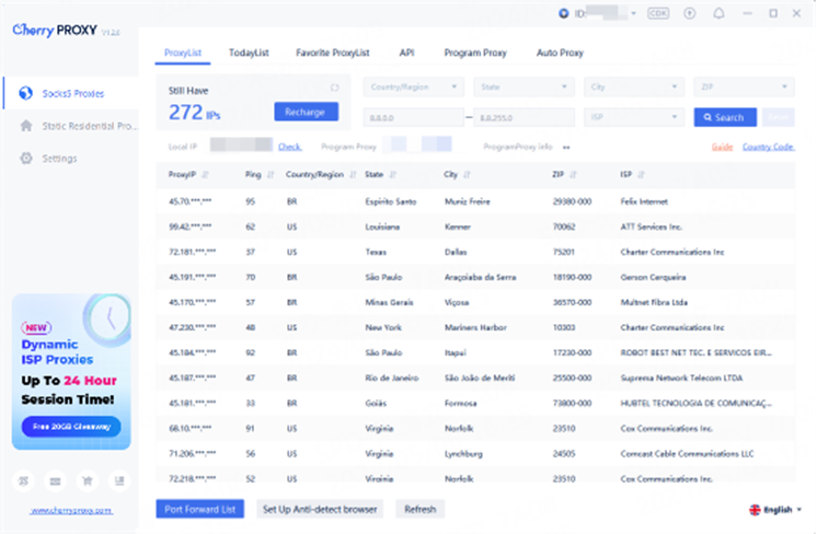 Cherry Proxy - buy residential proxies at competitive prices. Filtering by country, provider, postal code available.
